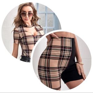 2 piece plaid colorblock biker short set